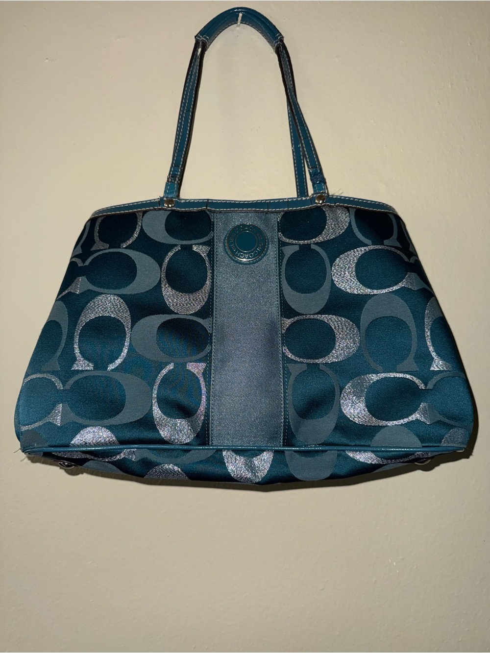 Coach Teal Signature Jacquard kiss lock tote